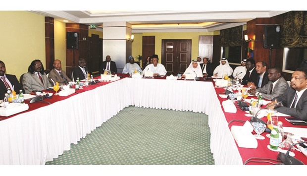 HE the Deputy Prime Minister and Minister of State for Cabinet Affairs Ahmed bin Abdullah bin Zaid al-Mahmoud at a meeting with the representatives of Sudan Justice and Equality Movement and Sudan Liberation Movement in Doha.