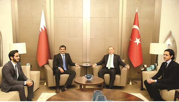 HH the Emir Sheikh Tamim bin Hamad al-Thani holding talks with Turkish President Recep Tayyip Erdogan in Istanbul on Sunday.
