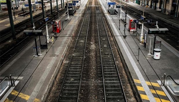 Deserted platforms are pictured at the Lyon Perrache railway station during a strike of employees of French state-owned rail operator SNCF, protesting against government labour reforms.