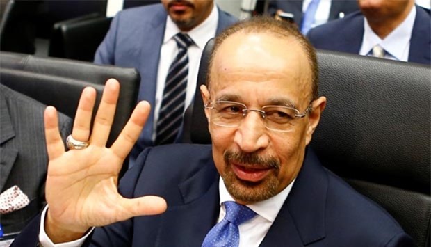 Saudi Arabia's Energy Minister Khalid al-Falih talks to journalists before a meeting of Opec oil ministers in Vienna on Thursday.