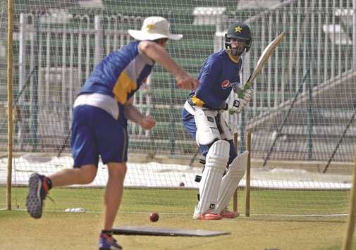 Shan Masood bats during the Pakistan teamu2019s training session at the Gaddafi Stadium in Lahore yesterday. (AFP)