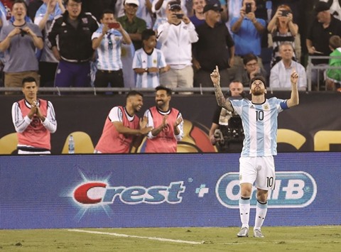 Lionel Messi of Argentina celebrates his goal in the second half during the 2016 Copa America Centenario quarter-final match against Venezuela.