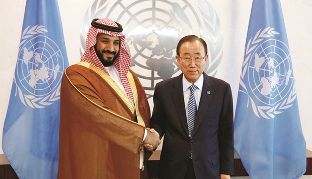 Saudi Arabiau2019s deputy crown prince, Mohamed bin Salman greets UN Secretary-General Ban Ki-moon at the UN headquarters in New York yesterday.