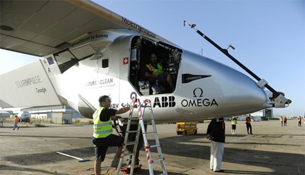 The sun-powered Solar Impulse 2 aircraft sits on the tarmac at Sevilla aiport