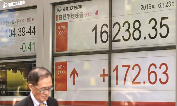 A pedestrian walks past an electronic stock indicator on the window of a security company in Tokyo. Japanese shares ended 1.1% higher in light trading yesterday.