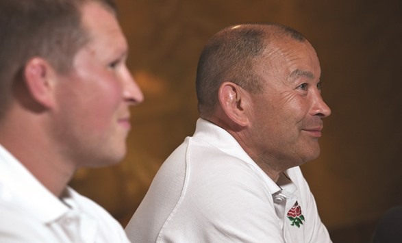 England coach Eddie Jones (right) and captain Dylan Hartley during a press conference in Sydney yesterday. (AFP)