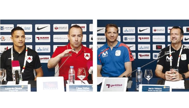 Al Rayyan coach Cesar Nunez (right) and player Lucas de Oliveira address a press conference yesterday. Right: Inter Movistar coach Jesus Velasco (right) and captain Luis Amado PICTURES: Jayaram