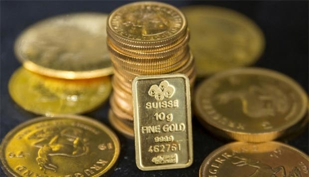 Gold bullion is displayed at Hatton Garden Metals precious metal dealers in London