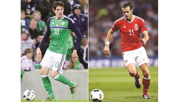 Wales forward Gareth Bale (right) and Northern Ireland striker Kyle Lafferty will be the men to watch out for in their Round of 16 clash at the Euro tonight. (AFP)