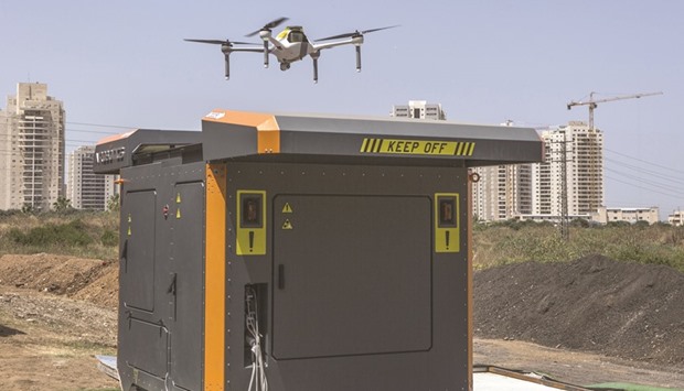 An Optimus-01 autonomous drone lifts off from its base station at the Airobotics headquarters in Petah Tikva, Israel on June 2, 2016. Israel produced 61% of all unmanned aerial vehicles exported worldwide, according to market data portal Statista.