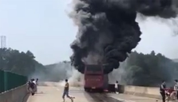 A video of the burning bus posted in Twitter by  Xinhua news agency