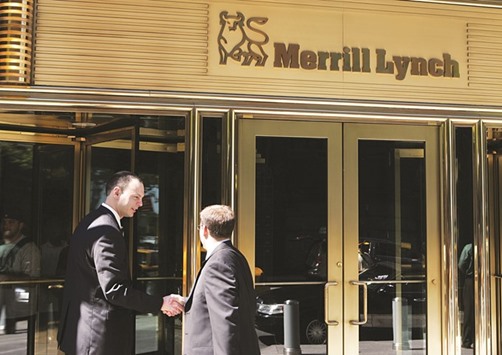 Two men greet each other outside of the Merrill Lynch & Co headquarters in New York (file). Lycalopex (Dubai) Ltd, a joint venture between Tudor Investment Corp and Vulpes Investment Management, has sued the Bank of America Corp unit in London, seeking about $10mn.