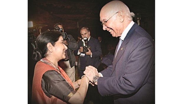 Two to tango: Sartaj Aziz, Prime Minister Nawaz Sharifu2019s advisor on foreign affairs, right, with Indiau2019s External Affairs Minister Sushma Swaraj.