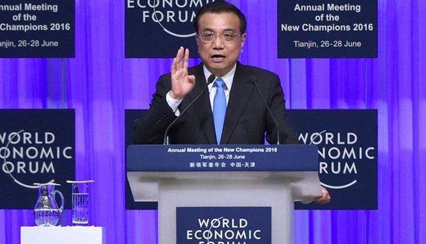 China's Premier Li Keqiang speaks during the summer World Economic Forum in Tianjin, China.