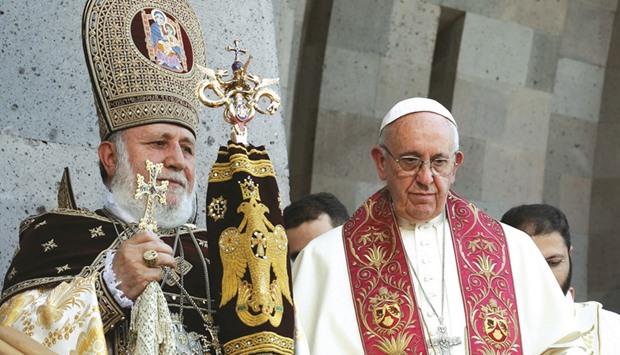 Pope Francis and Catholicos of All Armenians Karekin II attend the Divine Liturgy at the Armenian Cathedral in Etchmiadzin, Armenia.