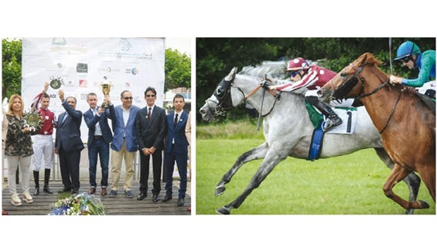 Jockey Gaetan Faucon (left) rides Umm Qarnu2019s Majeed to victory in the Sheikh Zayed Bin Sultan Al Nahyan Cup (Gr3 PA) ahead of Sir Bani Yas, ridden by Richard Mullen, in Duindigt, Netherlands, yesterday.