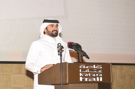 Injaz Qatar CEO Emad al-Kharja delivers a speech during the recent launching of the u201cInjaz Ambassadorsu201d programme.