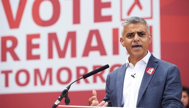 London Mayor Sadiq Khan speaks at a rally in favour of remaining in the EU in central London on June 22, 2016