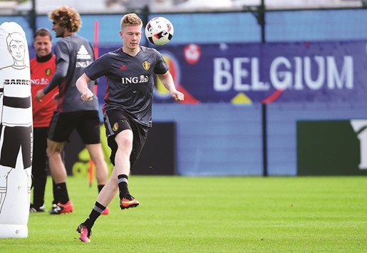 Belgium midfielder Kevin De Bruyne takes part in a training session at Le Haillan, France yesterday. (AFP)