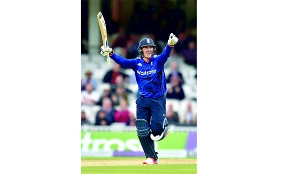 Englandu2019s Jason Roy celebrates reaching his century during the fourth One Day International against Sri Lanka at The Oval cricket ground in London on Wednesday. (AFP)