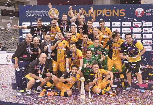 Brazilu2019s Magnus Futsal team celebrate after they won the Futsal Intercontinental Cup at Ali Bin Hamad Al Attiya Arena in Doha on Wednesday night. PICTURE: Noushad Thekkayil