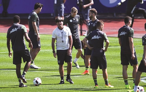 Germanyu2019s head coach Joachim Loew (centre) is pictured during a training session at the teamu2019s training grounds in Evian-les-Bains on Wednesday. (AFP)