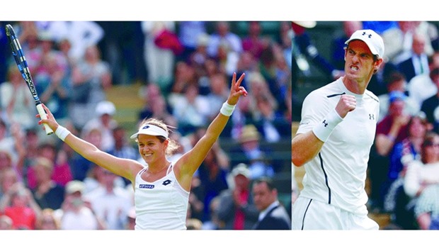 Slovakiau2019s Jana Cepelova celebrates beating Spainu2019s Garbine Muguruza during their womenu2019s singles second round match on the fourth day of the 2016 Wimbledon Championships at The All England Lawn Tennis Club in Wimbledon yesterday. Right: Britainu2019s Andy Murray reacts after winning a point against Lu Yen-Hsun of Taiwan.