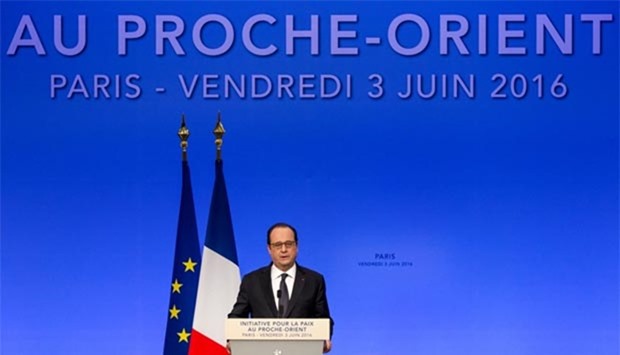 French President Francois Hollande speaks during an international conference to revive the Israeli-Palestinian peace process in Paris on Friday.