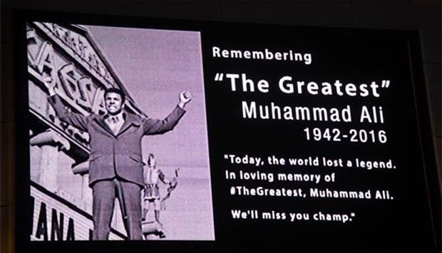 The marquee at Caesars Palace shows a tribute to boxing legend Muhammad Ali early on Saturday in Las Vegas, Nevada.