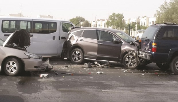 Every year, Hamad Trauma Centre  admits up to 900 patients with severe road traffic injuries and the number of severely injured patients historically rises during Ramadan.  Picture shows a pile-up of vehicles as a result of tailgating, on D Ring Road in Doha, May 25, 2015. Picture: Johny Bastian.
