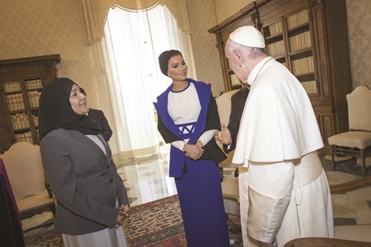 HH Sheikha Moza bint Nasser with Pope Francis. PICTURE: AR Al-Baker / HHOPL