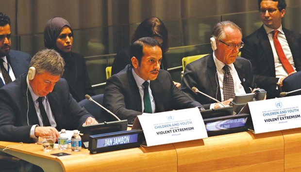 HE the Foreign Minister Sheikh Mohamed bin Abdulrahman al-Thani addressing the High-Level Thematic Conversation on Children and Youth Affected by Violent Extremism,  held at the UN headquarters.