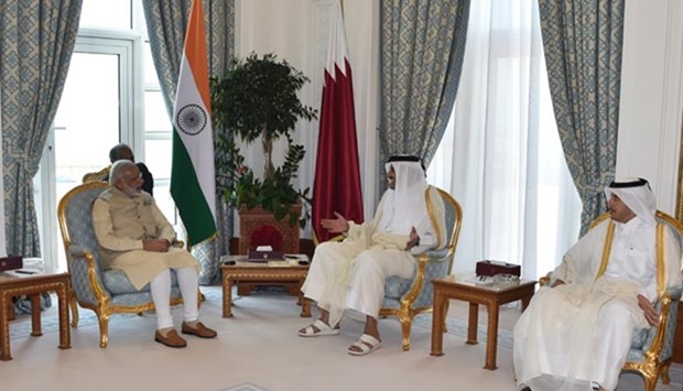 HH the Emir Sheikh Tamim bin Hamad al-Thani receives Prime Minister Narendra Modi in Doha on Sunday.
