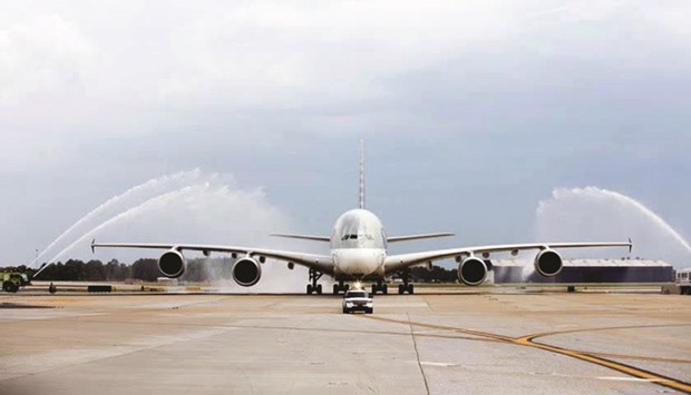 Water salute for the A380, Qatar Airwaysu2019 inaugural flight from Doha to Atlanta.