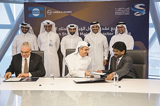 Senior officials from the SC, Al Balagh, and L&T Qatar during the signing ceremony held at  Al Bidda tower.