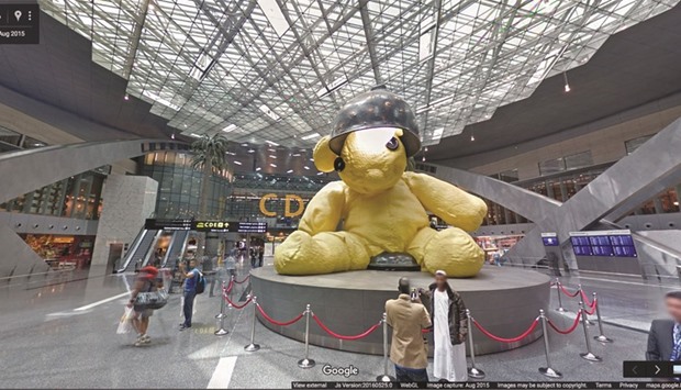 A Google Street View image of HIAu2019s interior, featuring Urs Fischeru2019s giant teddy bear sculpture.