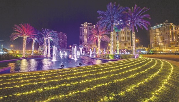 A view of the festive lighting at The Pearl-Qatar.
