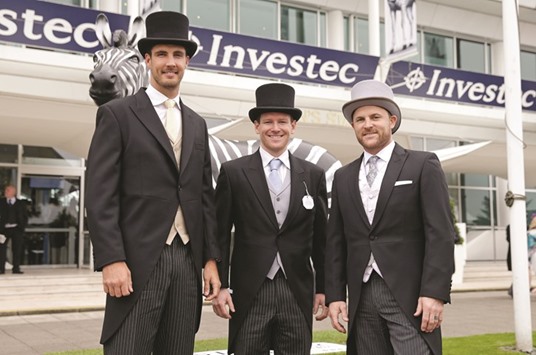 Former New Zealand captain Brendon McCullum (right) with England cricketers Steven Finn (left) and Eoin Morgan at Britain Horse Racing Investec Derby Festival, Epsom race course. (Reuters)
