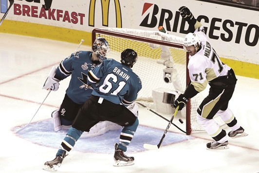 Evgeni Malkin (No 71) of the Pittsburgh Penguins celebrates after scoring against the San Jose Sharks in the second period of the game four of the NHL Stanley Cup final in San Jose. (Getty Images/AFP)