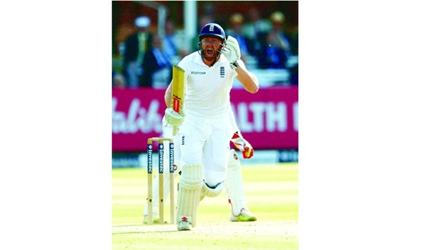 Englandu2019s Jonny Bairstow celebrates scoring a century on the first day of the third Test against  Sri Lanka at Lordu2019s cricket ground in London yesterday. (Reuters)