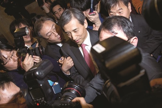 Bank of Korea governor Lee Ju-yeol talks to the media in Seoul. South Koreau2019s central bank surprised markets by cutting interest rates to a record low 1.25% yesterday.