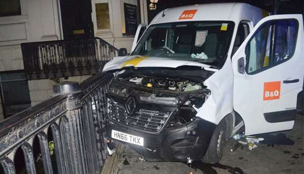 The white Renault van used by the attackers to carry out the June 3, 2017 London Bridge terrorist attack crashed into railings outside the Barrowboy and Banker pub on Borough High Street at the southern end of London Bridge.