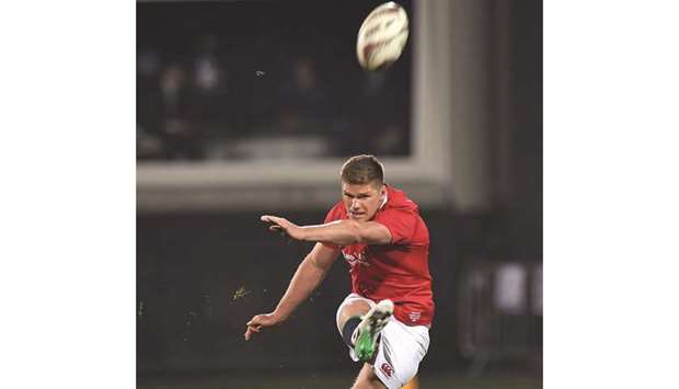 British and Irish Lions' Owen Farrell kicks a penalty during a rugby union match against Crusaders in Christchurch yesterday. (AFP)