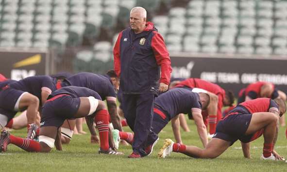 The British and Irish Lions coach Warren Gatland  oversees a training session at the QBE Stadium in Auckland yesterday.
