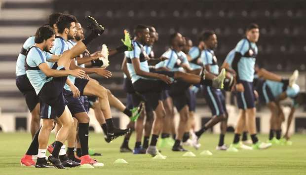 Qatar national team players take part in a training session ahead of their third round Group A 2018 FIFA World Cup qualifier against South Korea. The match will take place at 10pm today. PICS: Fadi Al Assaad