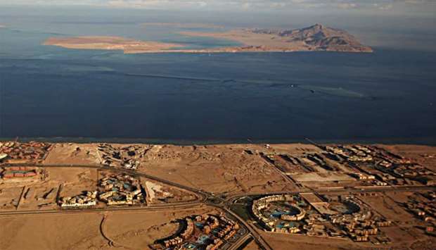 The Red Sea's Tiran (foreground) and the Sanafir (background) islands