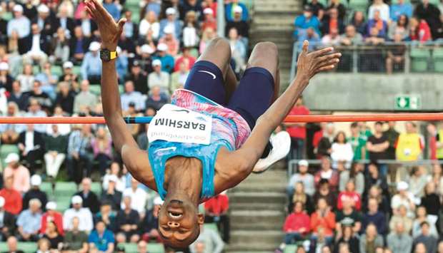 Qataru2019s Mutaz Essa Barshim competes in the menu2019s high jump event during the IAAF Diamond League at the Bislett Stadium in Oslo, Norway, yesterday. (AFP)