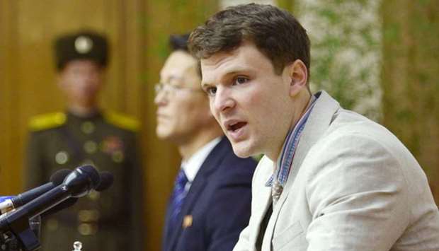 Otto Frederick Warmbier, a University of Virginia student who has been detained in North Korea since early January, attends a news conference in Pyongyang, North Korea.