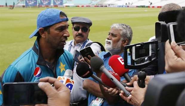 Pakistan's bowling coach Azhar Mahmood talks with the media at The Oval.