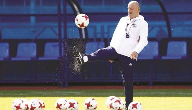 Russia coach Stanislav Cherchesov during a training session at the Smena Stadium in Saint Petersburg, Russia. (Reuters)